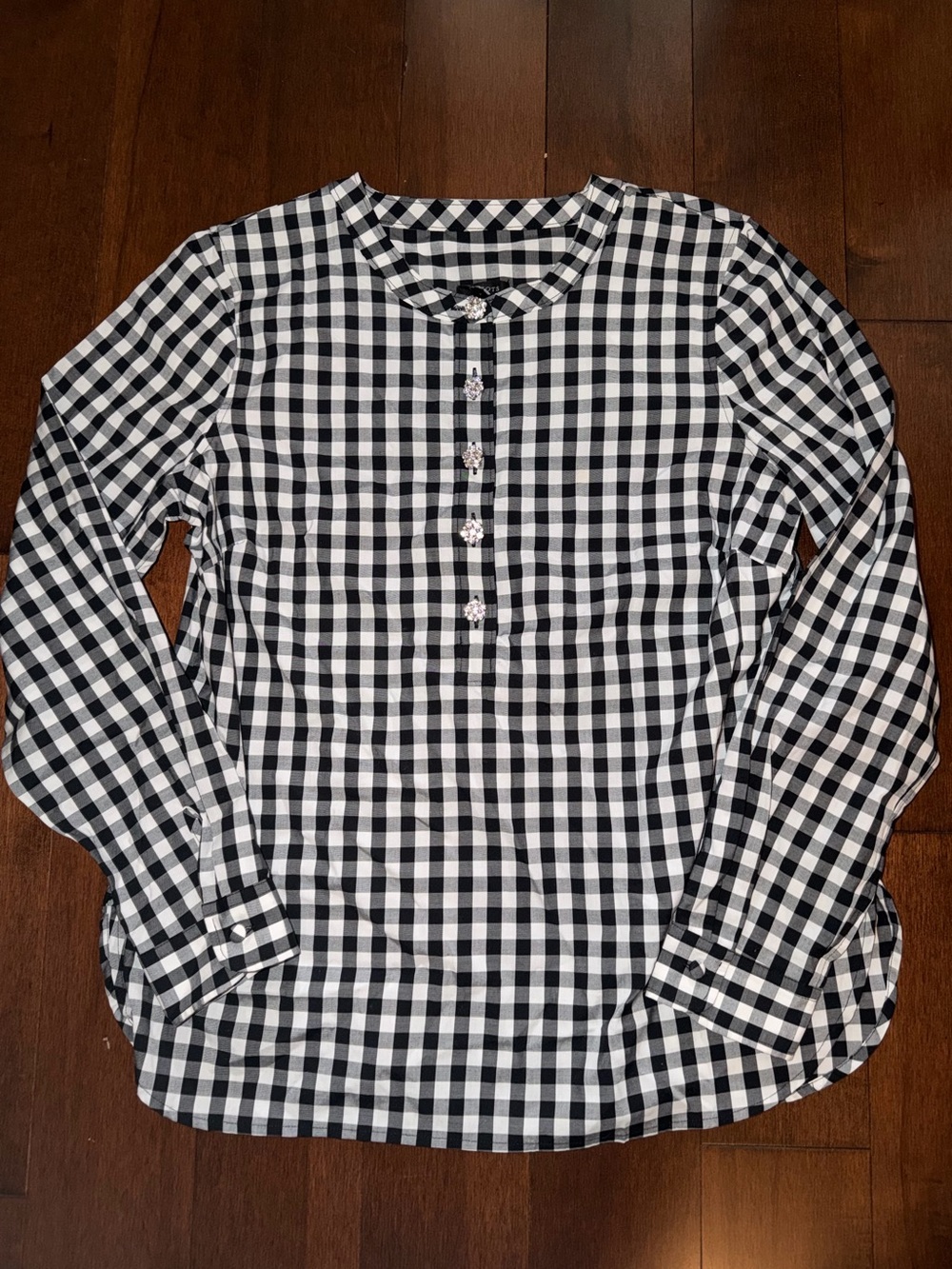 Talbots Black & White Gingham Button Blouse with Rhinestone Accent